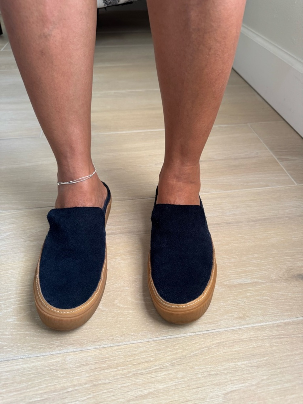Navy Suede Slip-On Mule with Brown Sole